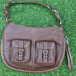 Prada brown leather hobo bag. Silver metallic buckles.